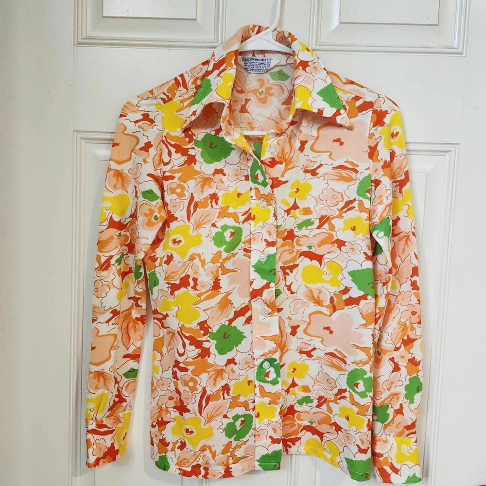 Flower Power Vintage Sears polyester button up shirt Small Perma Prest